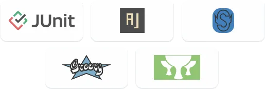 Screenshot of the TestLens homepage showing a section titled 'Trusted by leading open source projects' with the logos of JUnit Framework, AssertJ, Apache Groovy, Apache Grails, and Spock Framework.