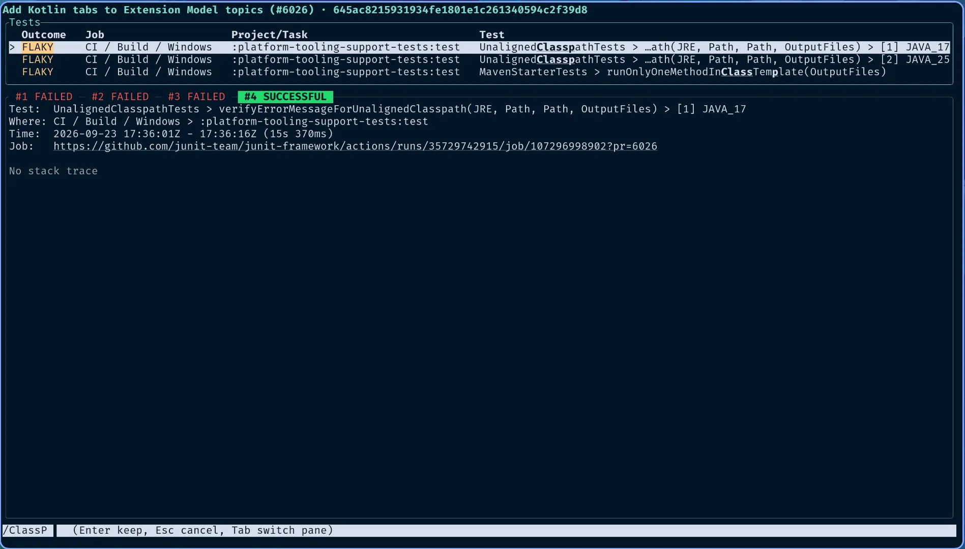TestLens CLI TUI with the search bar filtering the test table